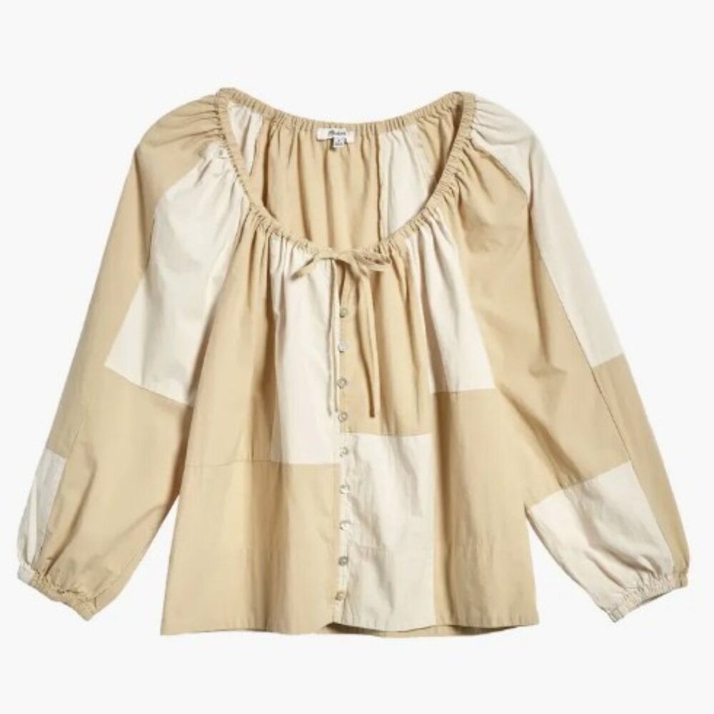 Madewell NWT Patchwork Tie Front Poplin Top in Summer Dune Size 2X